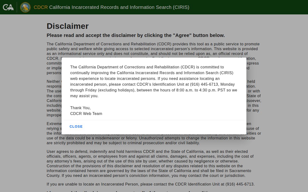 CDCR CIRIS search for Calaveras County release and state custody records