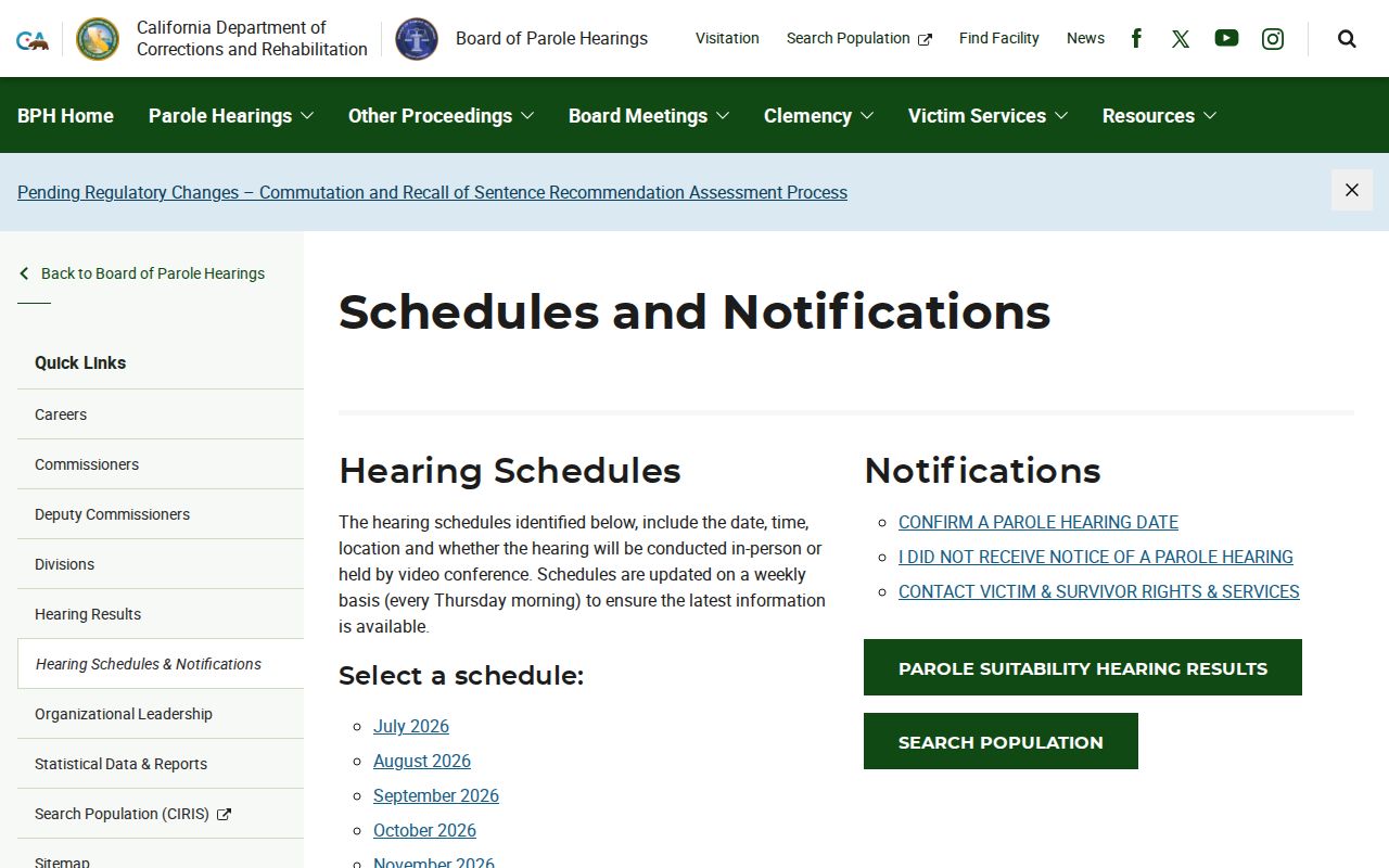 Calaveras County parole and probation Board of Parole Hearings schedule