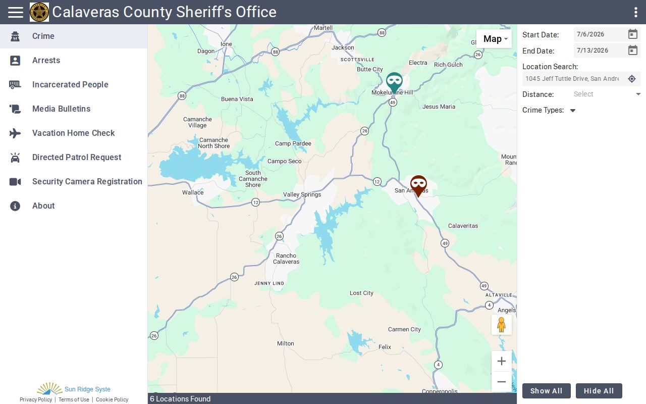 Calaveras County released inmate search context in Citizen RIMS