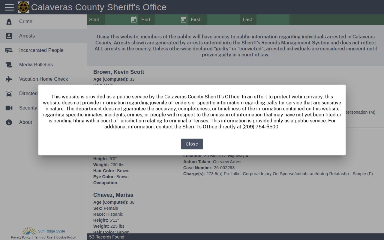 Calaveras County 24 hour release list Citizen RIMS arrests context