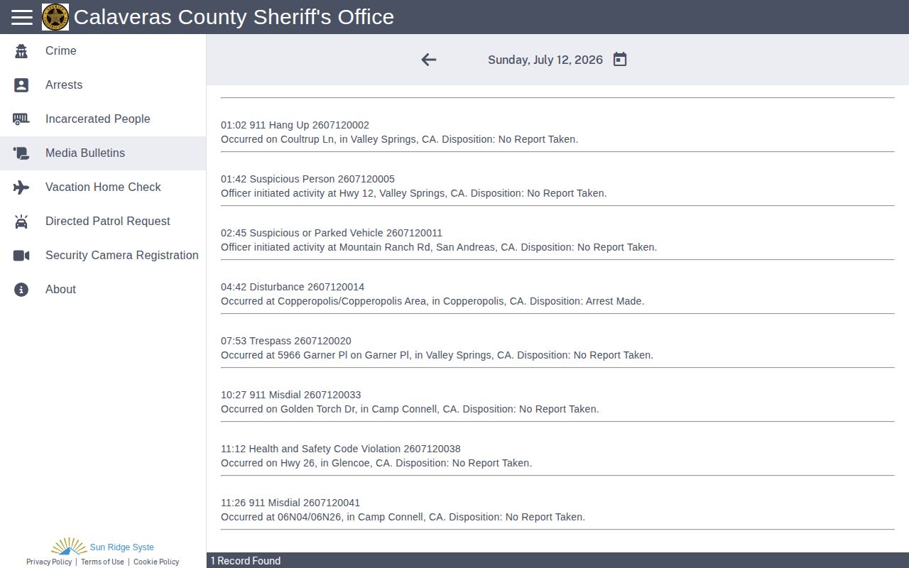 Calaveras County 72 hour release list Citizen RIMS bulletins