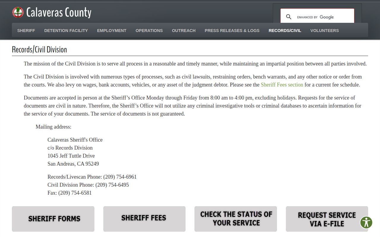Calaveras County release records contact page from the Sheriff's Records Division