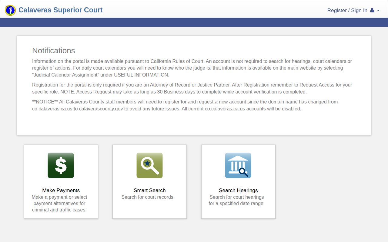 Calaveras County court portal for released inmate case disposition checks