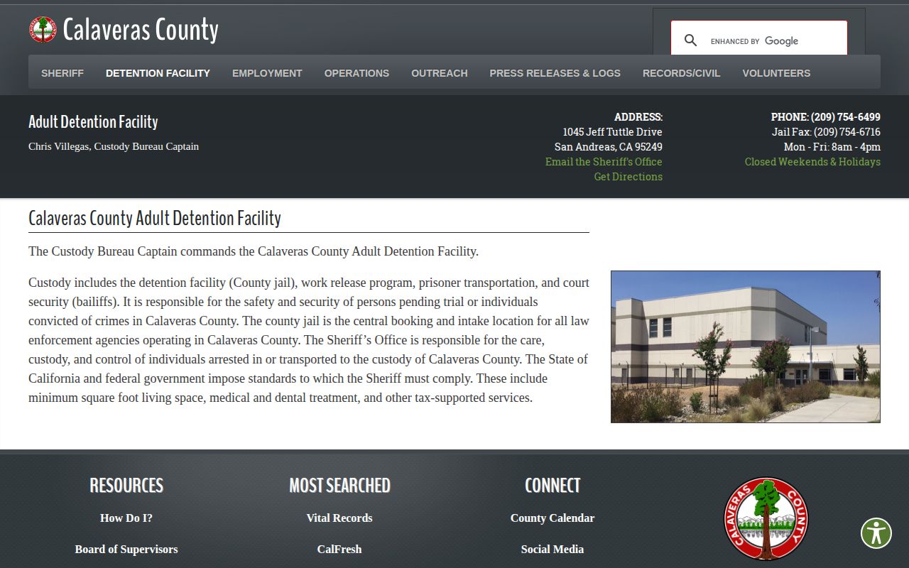 Calaveras County Adult Detention Facility release search and jail contact page