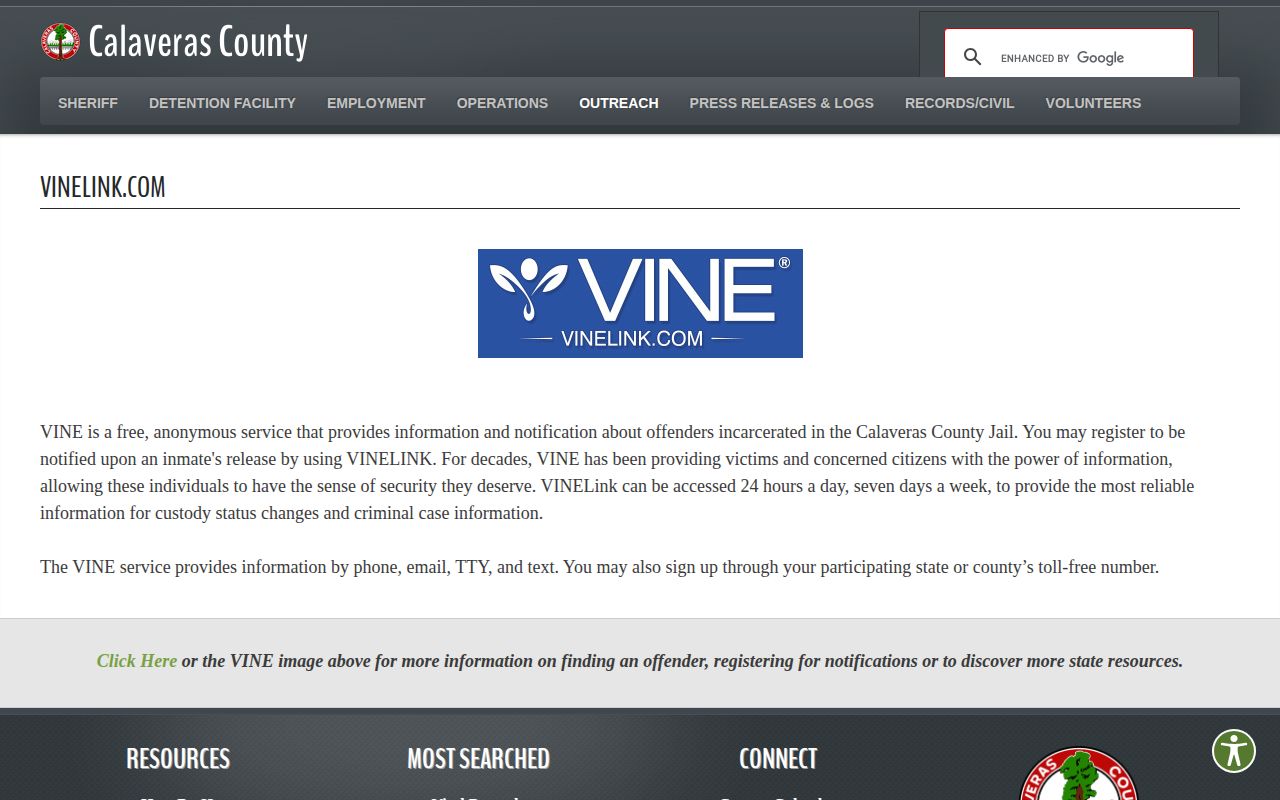 Calaveras County VINE release notification page for jail inmates